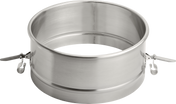 A shiny, round stainless steel baking ring with smooth sides and two metal latch clasps for easy release, shown atop a plain white background. Perfect for use with your Legacy Mixer Bowl or other 60 quart containers.