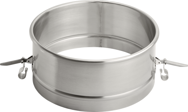 A shiny, round stainless steel baking ring with smooth sides and two metal latch clasps for easy release, shown atop a plain white background. Perfect for use with your Legacy Mixer Bowl or other 60 quart containers.
