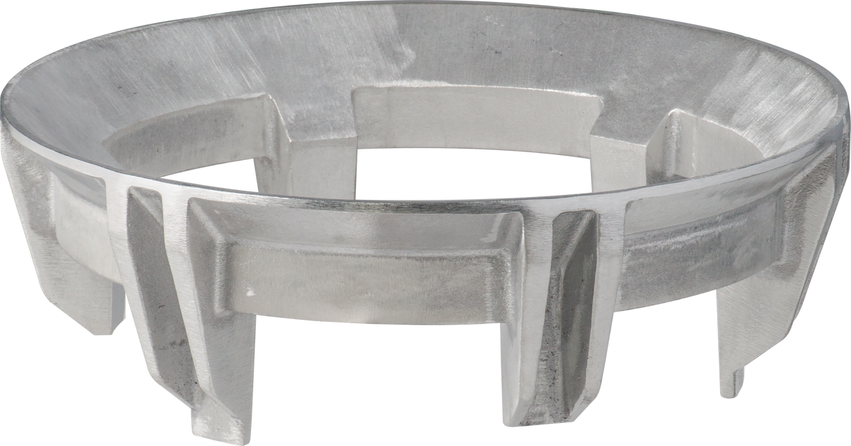 A circular, metallic object with evenly spaced vertical fins extending downward from its outer edge, this 60 or 40 qt bowl adapter features an open center and a slightly reflective, silver finish for a geometric, industrial look.
