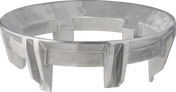 A circular, metallic object with evenly spaced vertical fins extending downward from its outer edge, this 60 or 40 qt bowl adapter features an open center and a slightly reflective, silver finish for a geometric, industrial look.
