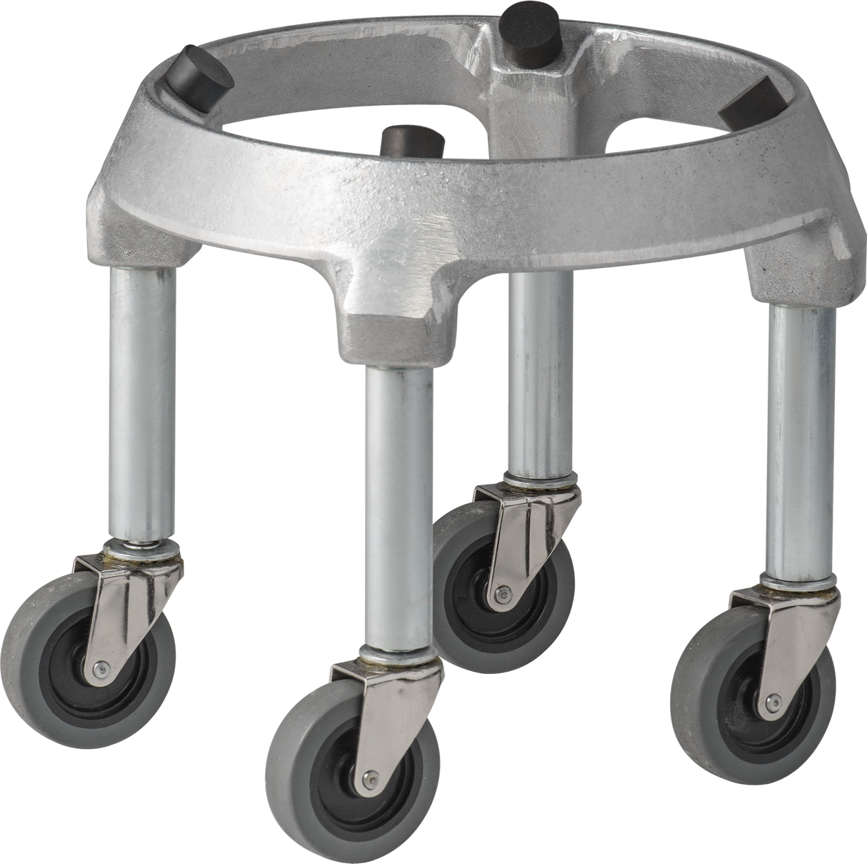 A metallic circular dolly designed for 30 & 40 quart mixers, with four swiveling caster wheels on sturdy metal legs. This silver-gray aluminum mixer truck is open in the center, ideal for moving round containers or barrels easily.