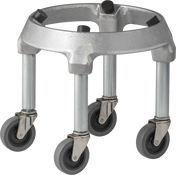 A metallic circular dolly designed for 30 & 40 quart mixers, with four swiveling caster wheels on sturdy metal legs. This silver-gray aluminum mixer truck is open in the center, ideal for moving round containers or barrels easily.
