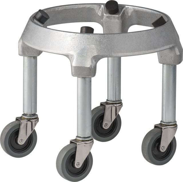 A metallic circular dolly designed for 30 & 40 quart mixers, with four swiveling caster wheels on sturdy metal legs. This silver-gray aluminum mixer truck is open in the center, ideal for moving round containers or barrels easily.