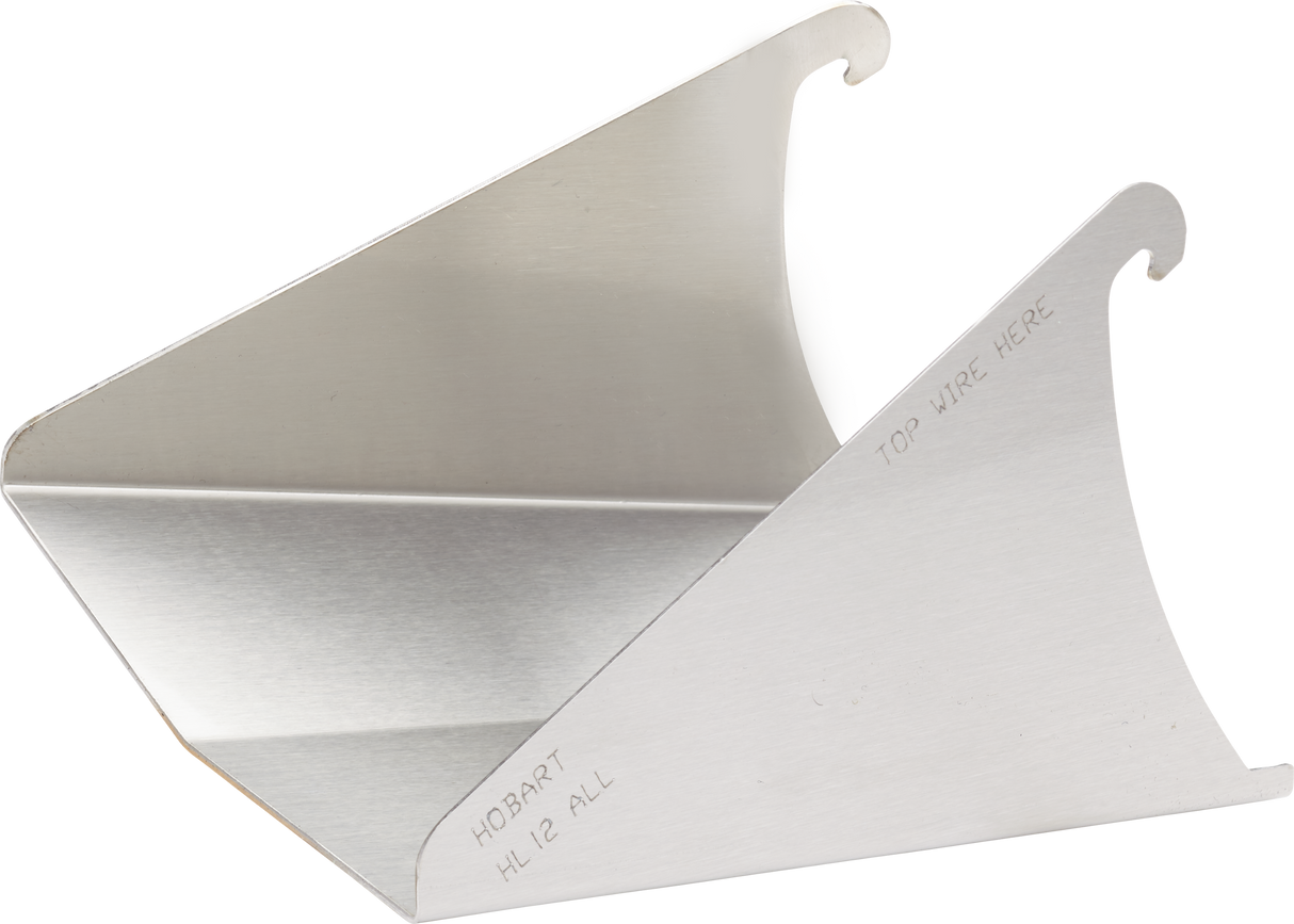 A metal attachment for a Hobart 12 quart mixer, featuring two angled sides with “TOP WIRE HERE” engraved on one and “HOBART HL 12 ALL” on the other. Each end has a hook, photographed on a plain white background—ideal for securing an ingredient chute.
