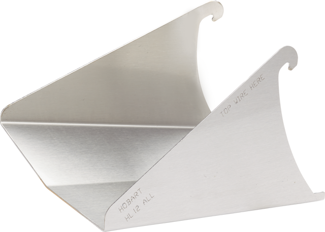 A metal attachment for a Hobart 12 quart mixer, featuring two angled sides with “TOP WIRE HERE” engraved on one and “HOBART HL 12 ALL” on the other. Each end has a hook, photographed on a plain white background—ideal for securing an ingredient chute.
