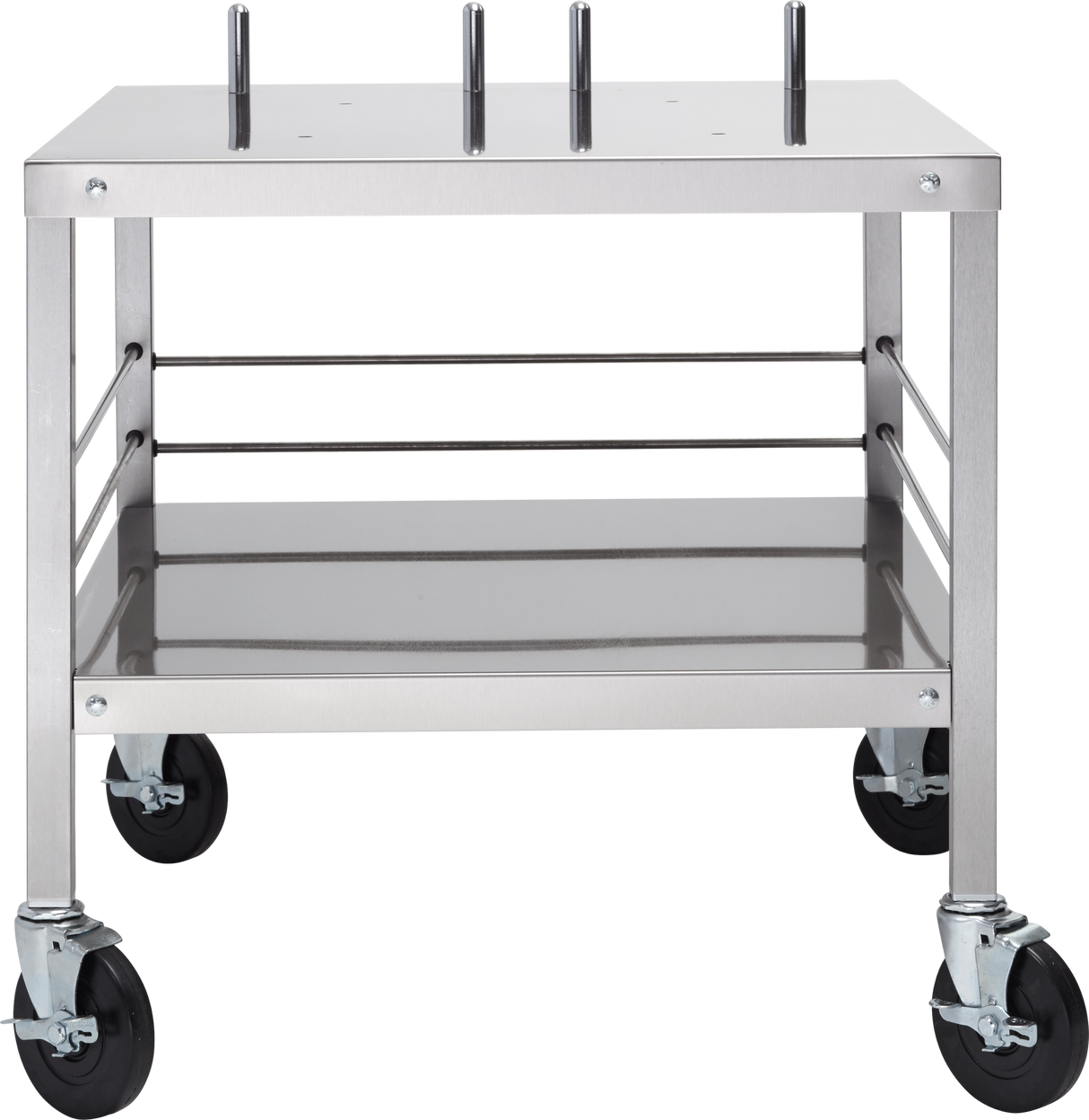 A stainless steel utility cart with four swivel caster wheels, a flat top shelf featuring four upright metal rods, and a lower shelf for storage. This industrial Mixer Table is ideal for supporting an HL120 mixer or HL200 mixer during transport.