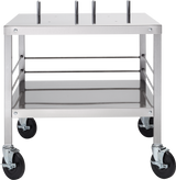 A stainless steel utility cart with four swivel caster wheels, a flat top shelf featuring four upright metal rods, and a lower shelf for storage. This industrial Mixer Table is ideal for supporting an HL120 mixer or HL200 mixer during transport.