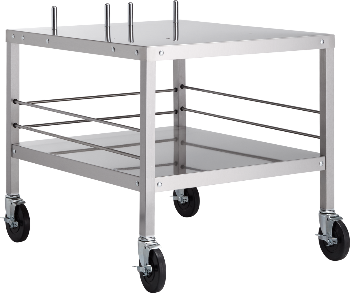 A stainless steel utility cart designed as a versatile mixer table, featuring four black caster wheels (two with brakes). The cart has two flat shelves, support rods, and an open, minimalistic design—ideal for HL200 or HL120 mixer use.