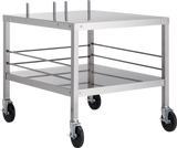 A stainless steel utility cart designed as a versatile mixer table, featuring four black caster wheels (two with brakes). The cart has two flat shelves, support rods, and an open, minimalistic design—ideal for HL200 or HL120 mixer use.