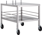 A stainless steel utility cart designed as a versatile mixer table, featuring four black caster wheels (two with brakes). The cart has two flat shelves, support rods, and an open, minimalistic design—ideal for HL200 or HL120 mixer use.