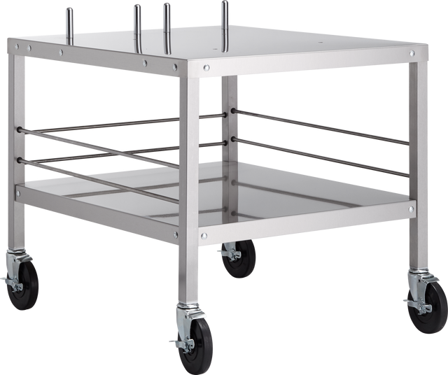 A stainless steel utility cart designed as a versatile mixer table, featuring four black caster wheels (two with brakes). The cart has two flat shelves, support rods, and an open, minimalistic design—ideal for HL200 or HL120 mixer use.