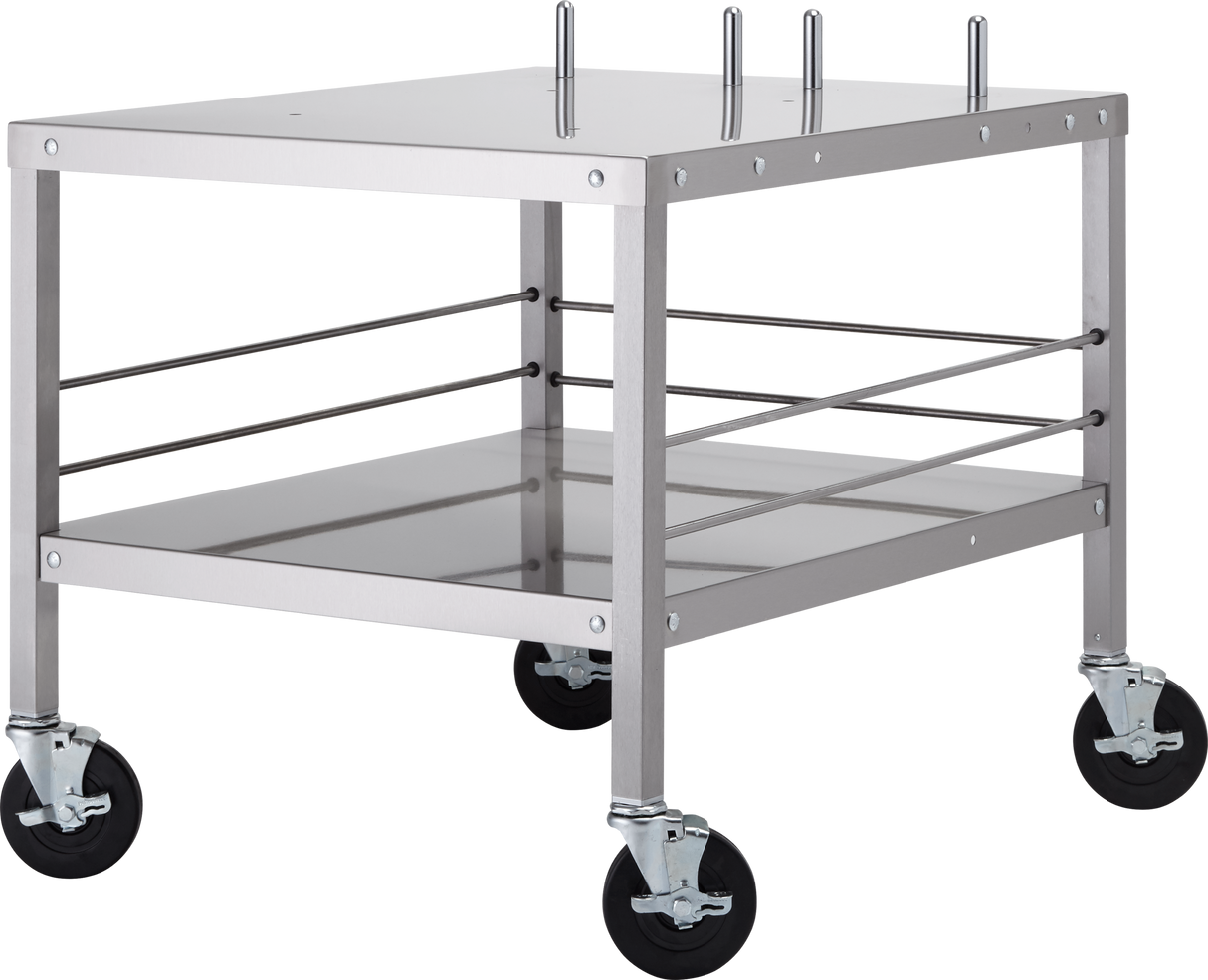 A silver metal utility cart, ideal as a mixer table for an HL120 mixer or HL200 mixer, features four black caster wheels, a flat rectangular top, a lower shelf, and an open minimalist frame designed for mobility and storage.