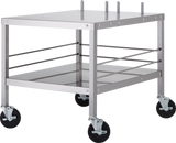 A silver metal utility cart, ideal as a mixer table for an HL120 mixer or HL200 mixer, features four black caster wheels, a flat rectangular top, a lower shelf, and an open minimalist frame designed for mobility and storage.