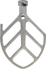 A metal flat beater attachment for a Hobart mixer, shaped like a rounded triangle with open sections and a central hole, featuring a notched hook on one side and a connector at the top—compatible with 5 quart models.