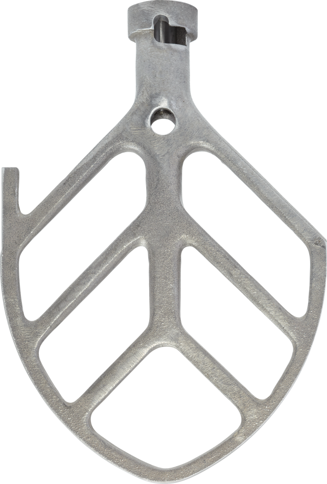 A metal flat beater attachment for a Hobart mixer, shaped like a rounded triangle with open sections and a central hole, featuring a notched hook on one side and a connector at the top—compatible with 5 quart models.