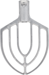 A metal flat beater attachment designed for the Hobart Legacy Mixer, this 12 qt beater features a central shaft, symmetrical open slots, a silver finish, and a rounded top for secure mixer attachment with a wide, fan-like shape below.