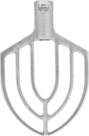 A sturdy, industrial flat beater attachment for a 20 quart mixer, shaped like an upside-down fan with vertical and curved bars, featuring a central hole at the top for easy connection to your Legacy Mixer. Silver finish enhances its professional look.