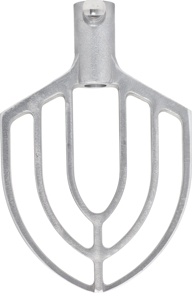A metallic flat beater for a Legacy Mixer, designed for 30/40 quart models. It features an open fan shape with evenly spaced bars and a central slot at the top for secure attachment to your stand mixer.