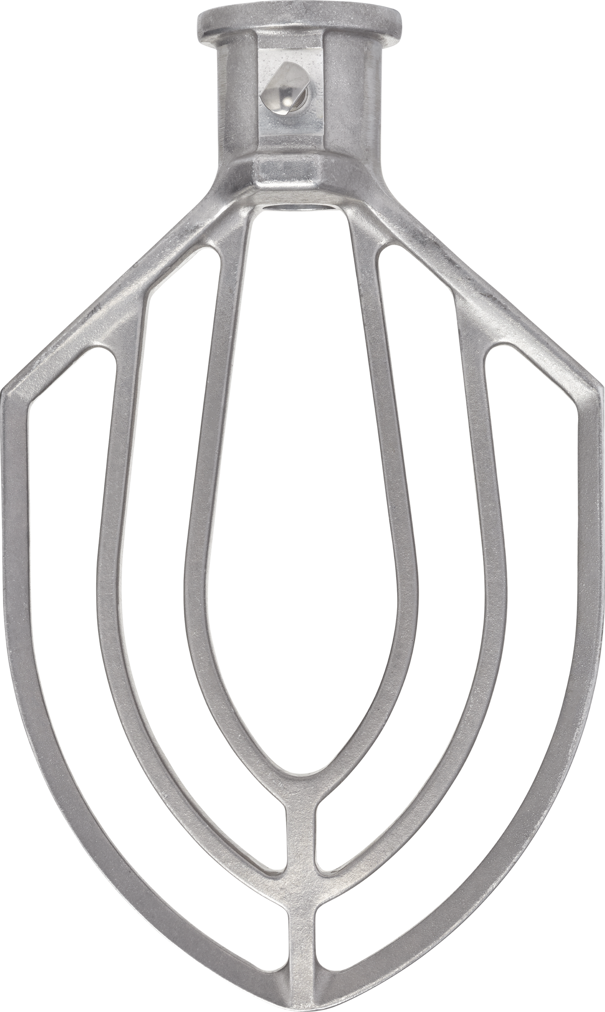 A Hobart flat beater for a Legacy Mixer 80 quart is shown against a white background. It features a paddle-like shape with open, curved sections and a central spine, designed for mixing dough or batter, and has a top connector for the mixer.