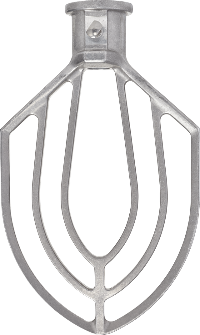 A Hobart flat beater for a Legacy Mixer 80 quart is shown against a white background. It features a paddle-like shape with open, curved sections and a central spine, designed for mixing dough or batter, and has a top connector for the mixer.