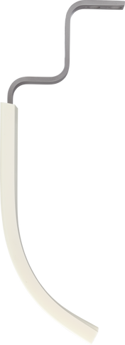 A curved bowl scraper with a cream-colored lower section and metallic upper section, featuring a zigzag bend near the top and a flat, horizontal extension at the end, photographed on a plain light gray background. Ideal for Hobart 140 quart bowl use.
