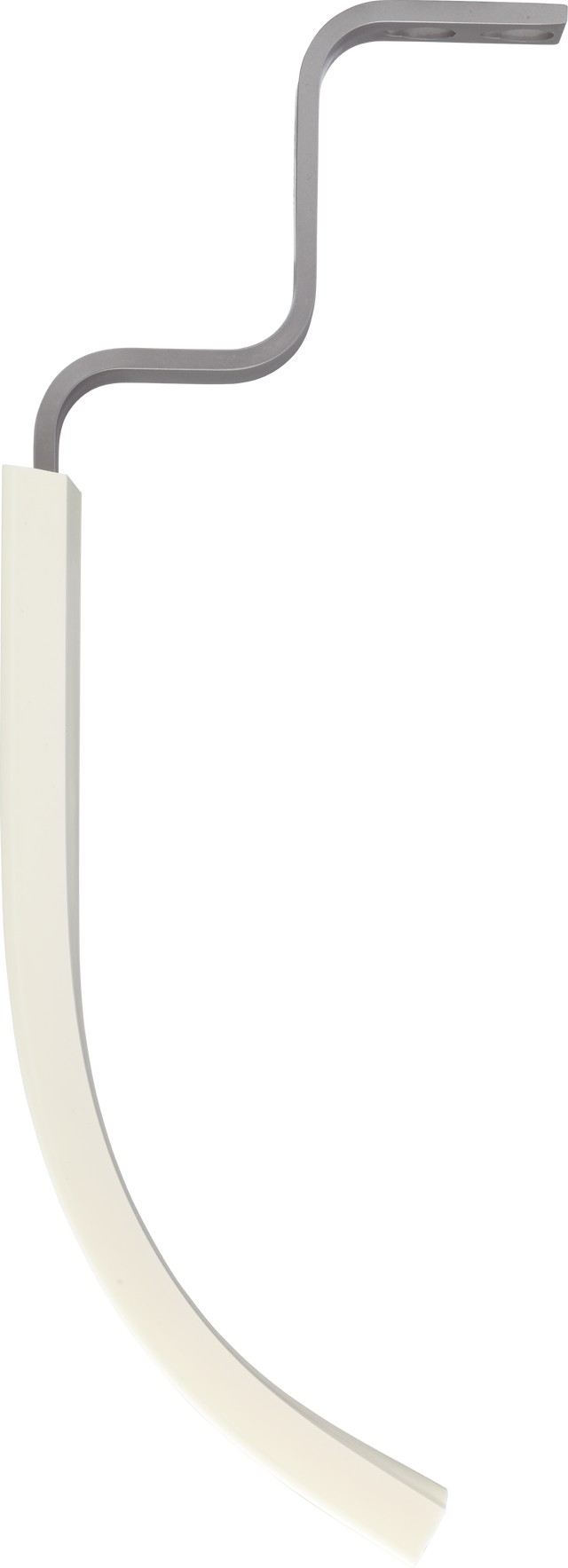 A curved bowl scraper with a cream-colored lower section and metallic upper section, featuring a zigzag bend near the top and a flat, horizontal extension at the end, photographed on a plain light gray background. Ideal for Hobart 140 quart bowl use.