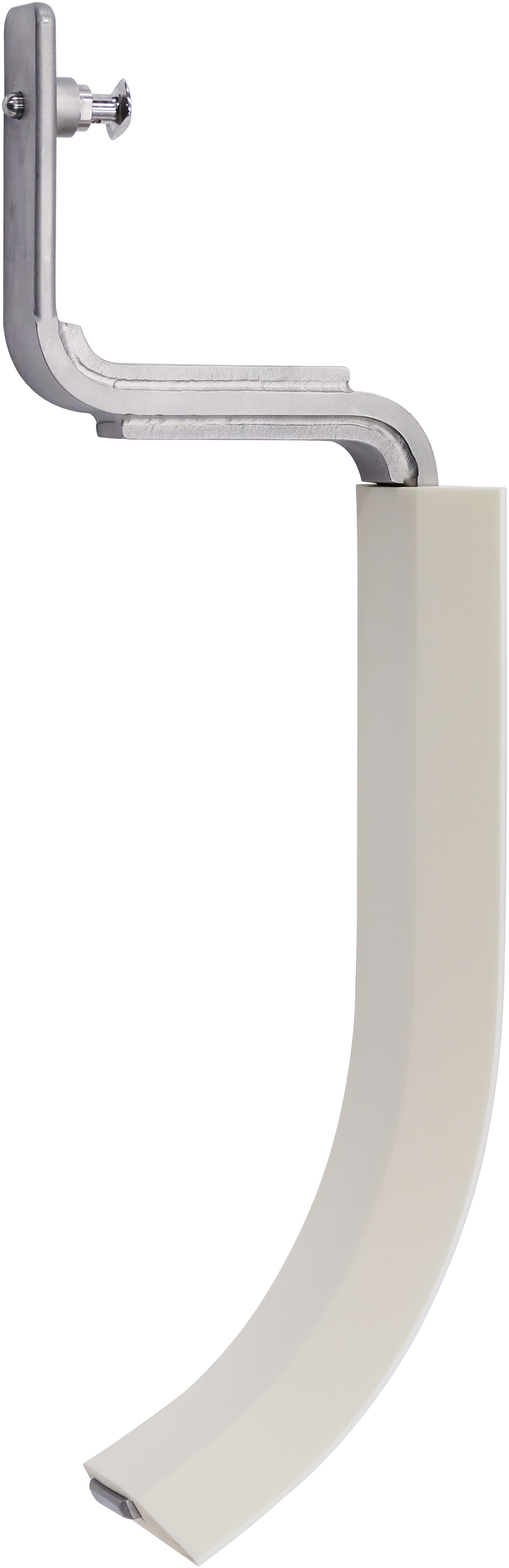 A metal and plastic L-shaped object with a vertical curved beige section attached to a horizontal silver bracket, featuring an adjustable screw at the top. Its industrial design suggests it could be a Bowl Scraper mount for the HL600 60 quart bowl.