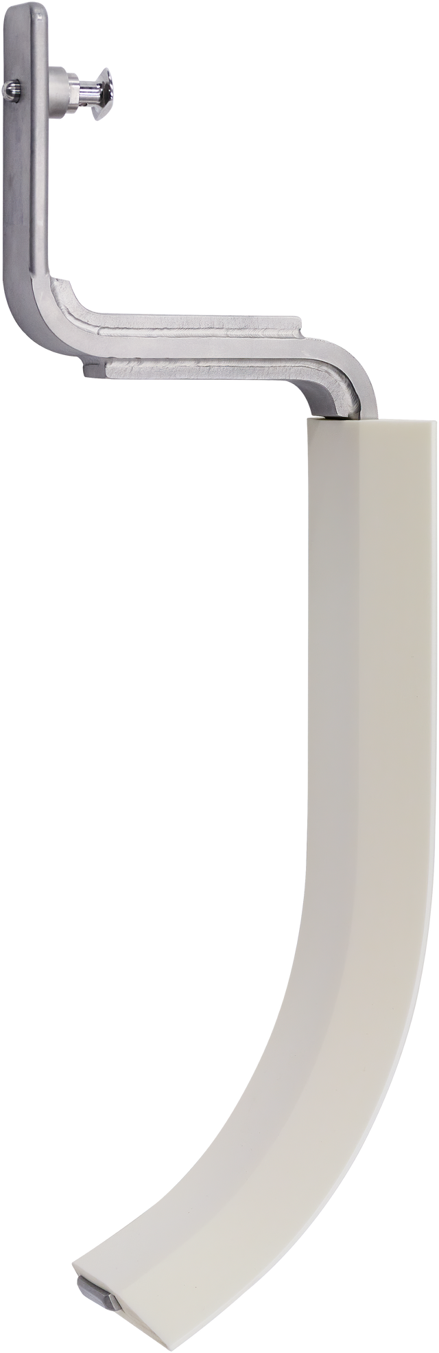 A metal and plastic L-shaped object with a vertical curved beige section attached to a horizontal silver bracket, featuring an adjustable screw at the top. Its industrial design suggests it could be a Bowl Scraper mount for the HL600 60 quart bowl.