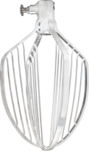 A silver metal stand mixer attachment, similar to the Hobart CWHIP-HL12 C wing whip, features multiple parallel metal bars in a cage-like structure and a cylindrical connector at the top for attaching to the mixer.