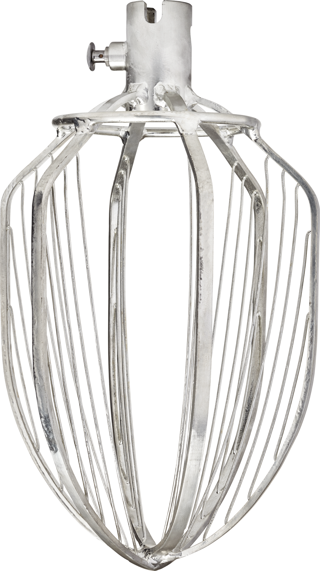 A close-up of a Hobart 140 quart C whip (CWHIP-HL140) attachment for a stand mixer, shown vertically with its shiny metal wires curving outward and upward from the narrow base to form a cage-like shape. The background is white.