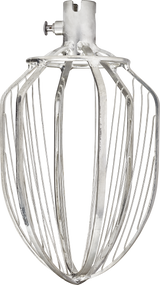 A close-up of a Hobart 140 quart C whip (CWHIP-HL140) attachment for a stand mixer, shown vertically with its shiny metal wires curving outward and upward from the narrow base to form a cage-like shape. The background is white.