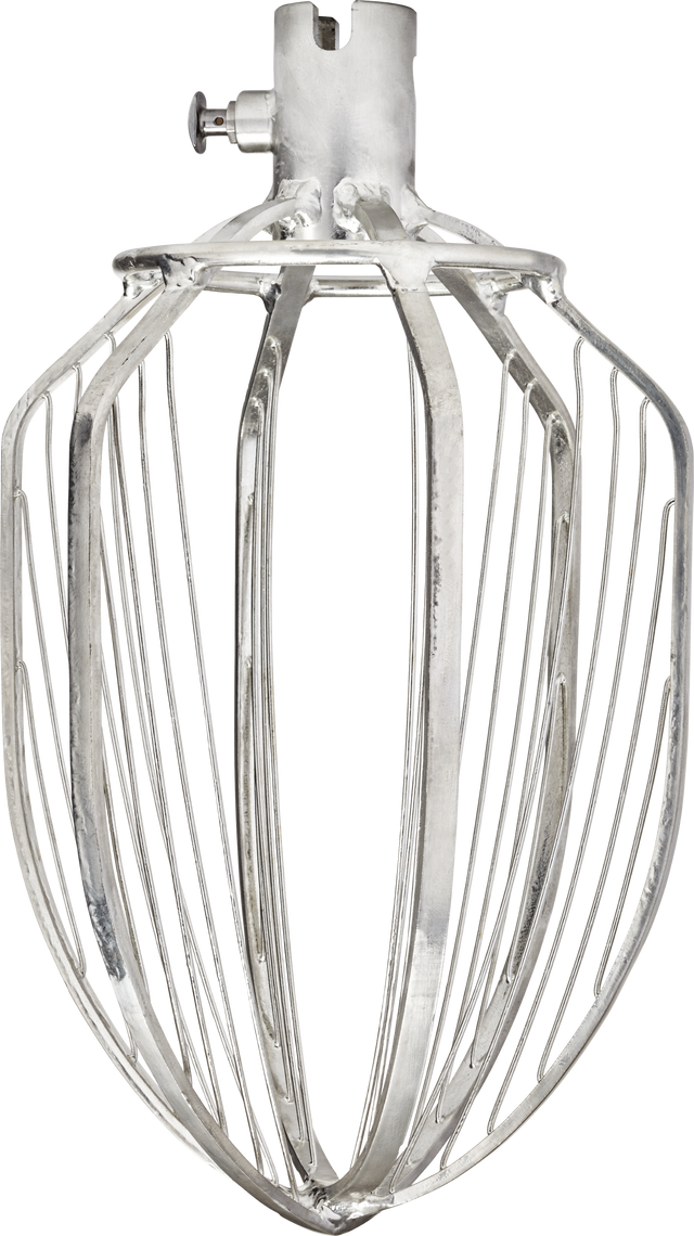 A close-up of a Hobart 140 quart C whip (CWHIP-HL140) attachment for a stand mixer, shown vertically with its shiny metal wires curving outward and upward from the narrow base to form a cage-like shape. The background is white.