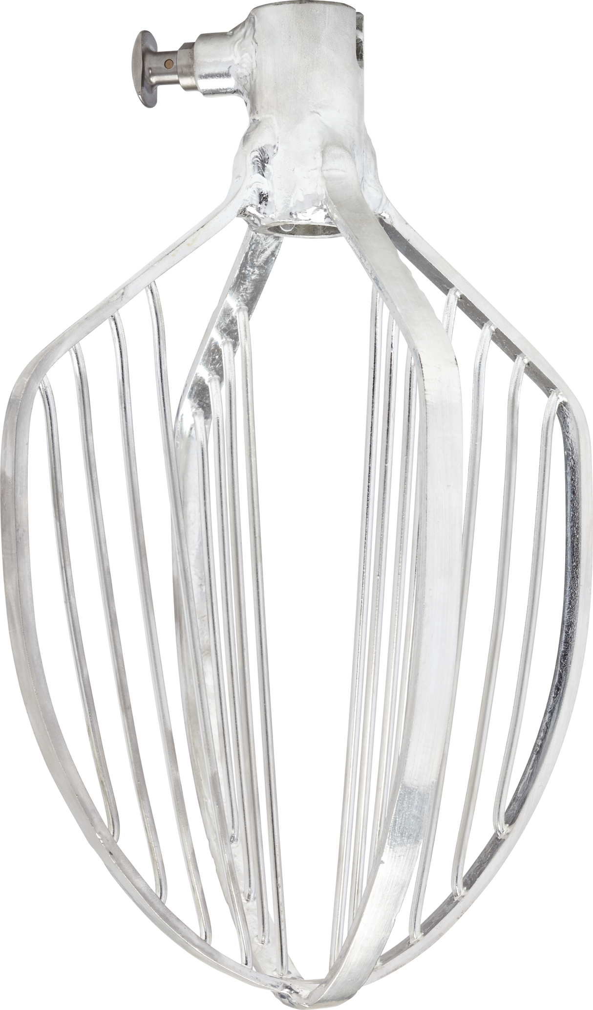 A metal 20 quart Hobart stand mixer attachment, specifically a wire flat beater or C wing whip, with multiple vertical and diagonal bars forming an open, oval-shaped structure and a connector at the top for attaching to the mixer.