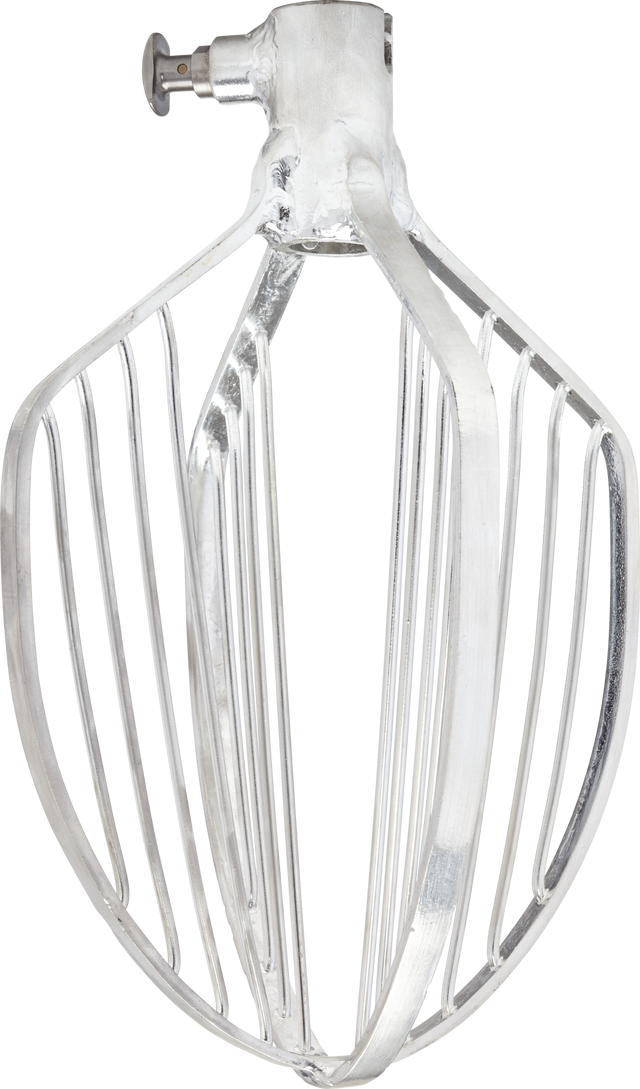 A metal flat beater attachment for a Hobart stand mixer, featuring a rounded frame with multiple vertical bars and a central hinge for connecting to the mixer. The beater is silver with a shiny, reflective finish—compatible with CWHIP-HL4030 accessories.