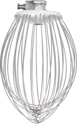 A stainless steel 12 quart wire whip attachment, designed for a Hobart Legacy Mixer, is shown against a white background. Multiple thin metal wires form a balloon shape, converging at a metal hub with a lock pin for easy mixer attachment.