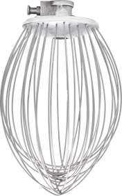A stainless steel 12 quart wire whip attachment, designed for a Hobart Legacy Mixer, is shown against a white background. Multiple thin metal wires form a balloon shape, converging at a metal hub with a lock pin for easy mixer attachment.