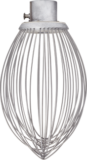 A large, 140 quart wire whip attachment for a Legacy Mixer, featuring thin, evenly spaced metal wires in a balloon shape and a solid metal cap for secure connection. The background is plain white.