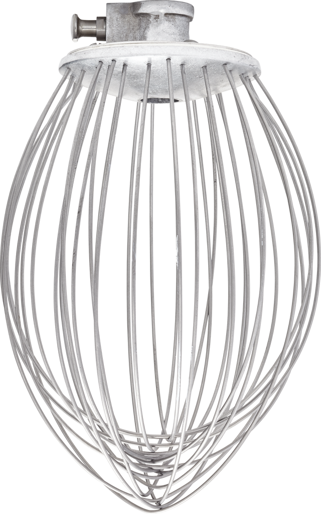 A large stainless steel 40 quart whip attachment for a Legacy Mixer is shown against a white background. The rounded wires form an open cage shape, converging at the shiny, smooth base where it attaches to the mixer.