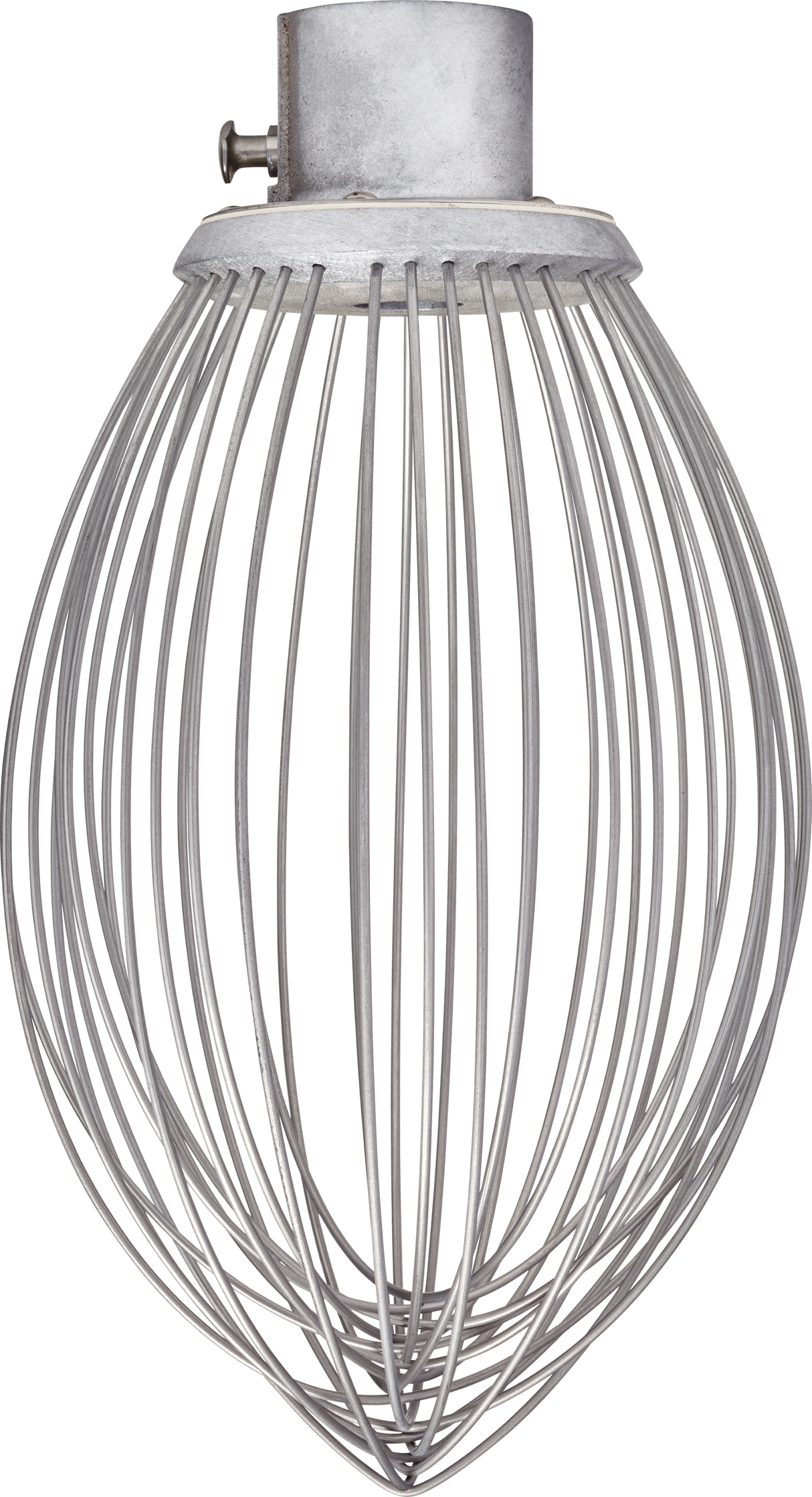 A large, stainless steel balloon whisk attachment with a round, cage-like wire structure and a solid metal base, designed for mixing or whipping ingredients in Legacy Mixer stand mixers, is shown on a white background.