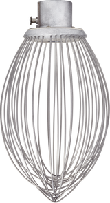 A large, stainless steel balloon whisk attachment with a round, cage-like wire structure and a solid metal base, designed for mixing or whipping ingredients in Legacy Mixer stand mixers, is shown on a white background.