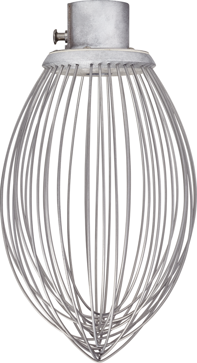 A large, stainless steel balloon whisk attachment with a round, cage-like wire structure and a solid metal base, designed for mixing or whipping ingredients in Legacy Mixer stand mixers, is shown on a white background.
