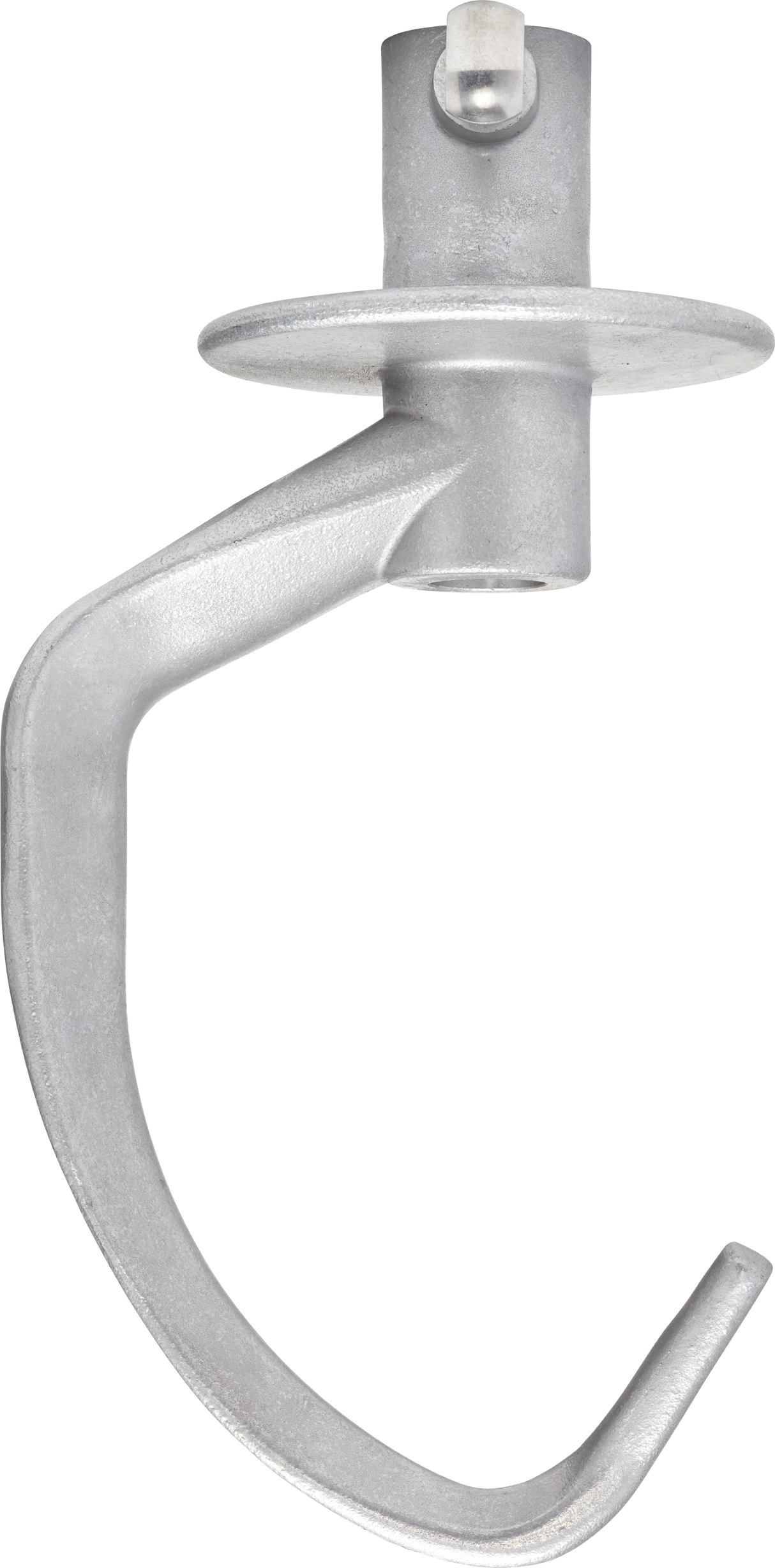 A metallic dough arm attachment for a 20 qt Hobart stand mixer, featuring a curved spiral design and a round disk near the top for connecting to the mixer. This attachment is perfect for kneading dough.