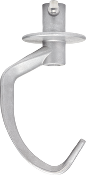 A metallic dough arm attachment for a 20 qt Hobart stand mixer, featuring a curved spiral design and a round disk near the top for connecting to the mixer. This attachment is perfect for kneading dough.