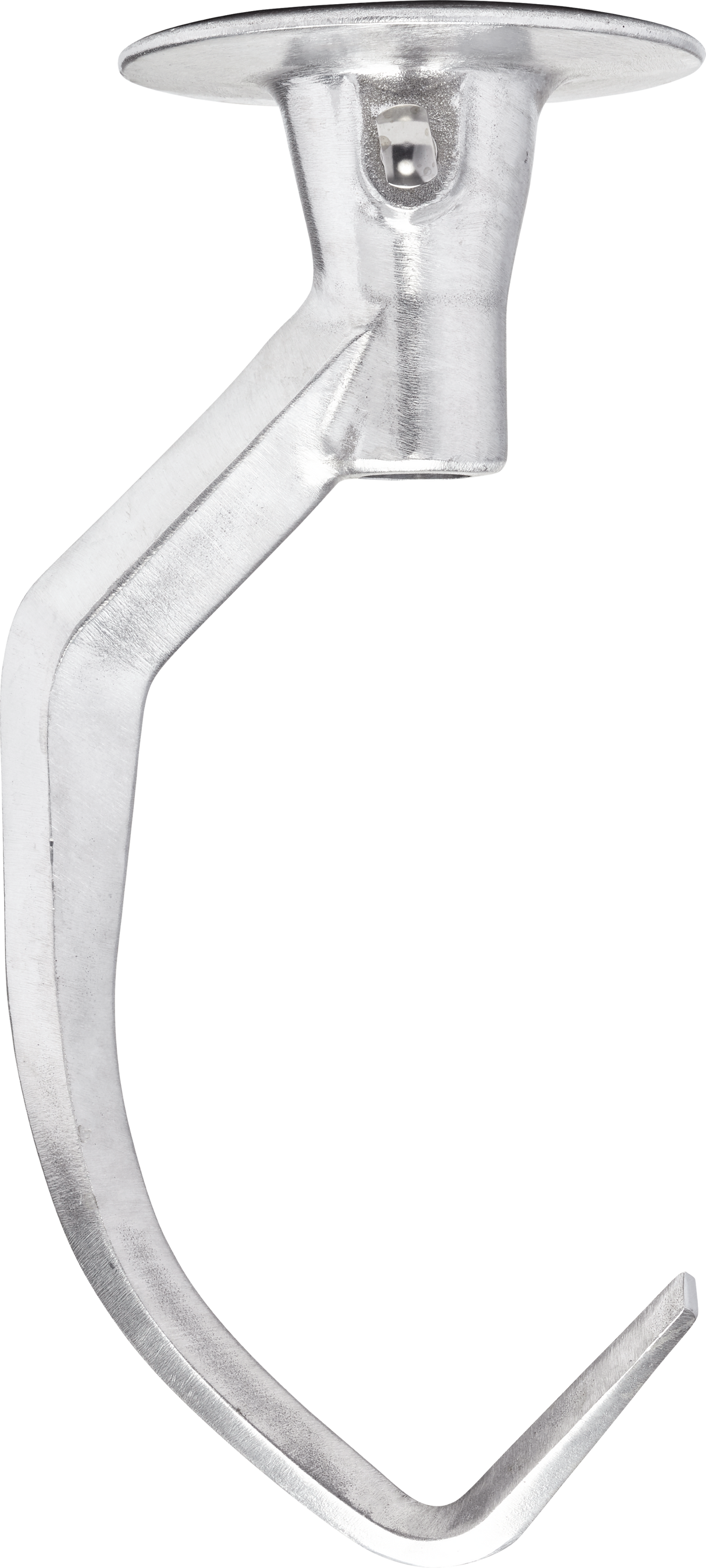 A Hobart 60 qt Dough Hook attachment for a stand mixer, featuring a curved, spiral shape with a mounting head at the top. The metal is shiny and smooth against a plain white background, ideal for heavy-duty mixing.