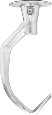 A Hobart 60 qt Dough Hook attachment for a stand mixer, featuring a curved, spiral shape with a mounting head at the top. The metal is shiny and smooth against a plain white background, ideal for heavy-duty mixing.