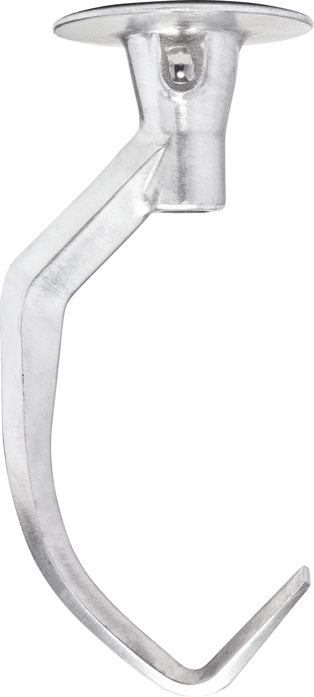 A Hobart 60 qt Dough Hook attachment for a stand mixer, featuring a curved, spiral shape with a mounting head at the top. The metal is shiny and smooth against a plain white background, ideal for heavy-duty mixing.