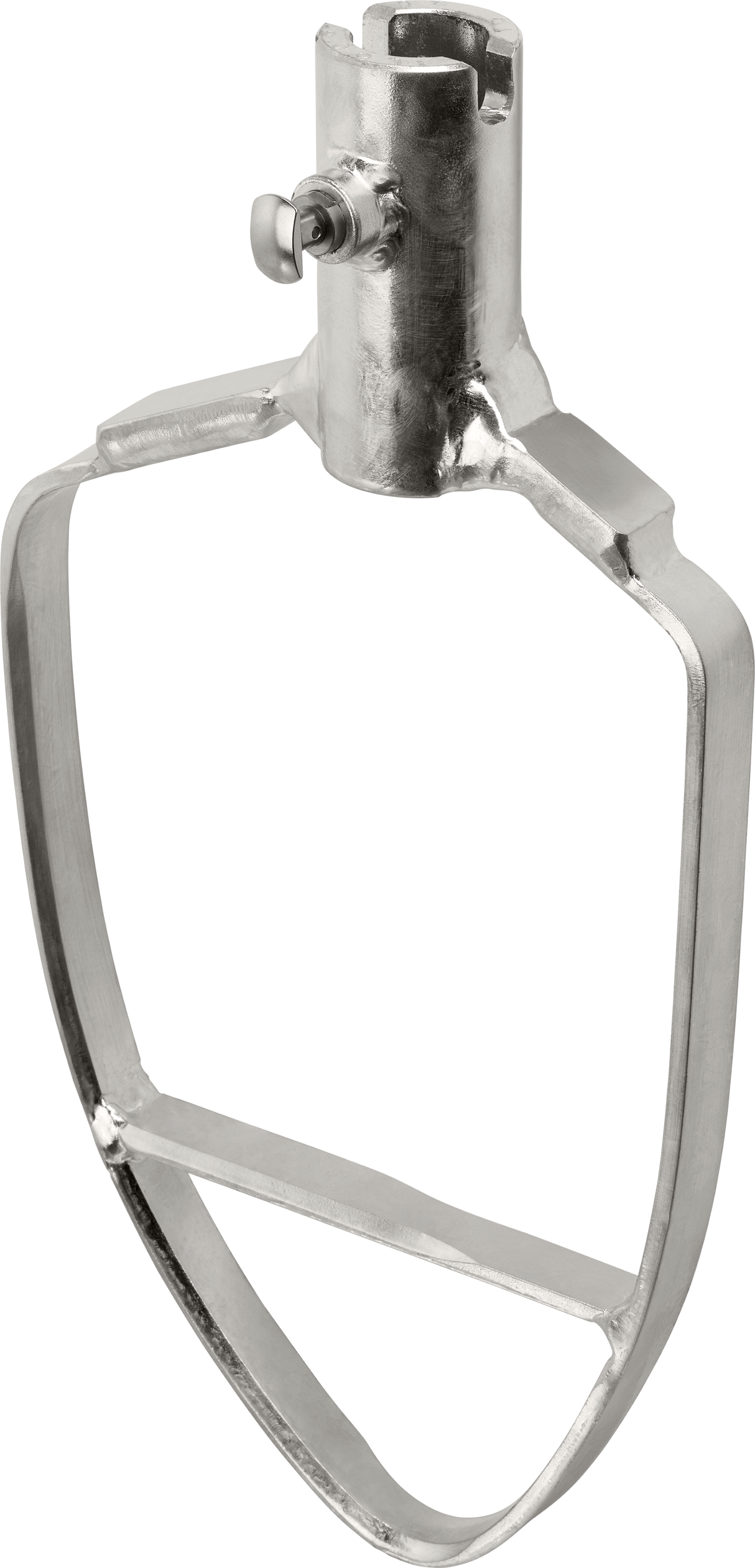 A silver Hobart 60 qt pastry knife flat beater attachment for a stand mixer, featuring a rectangular frame and central crossbar. It’s designed to mix ingredients and includes a cylindrical connector at the top for easy mixer attachment.