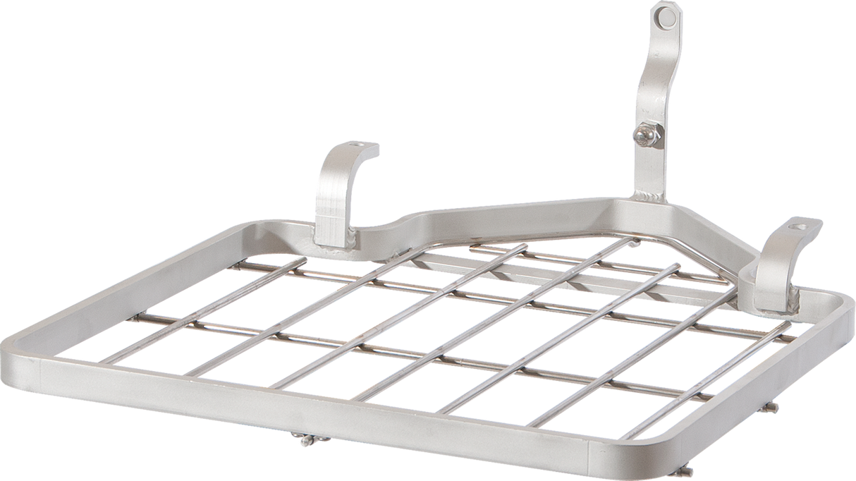 A metallic bike cargo rack with a grid platform and three mounting arms offers sturdy Attachment Tray Support, designed to fit a bicycle. This silver rack features a geometric, rectangular shape with raised edges and angular corners against a plain white background.