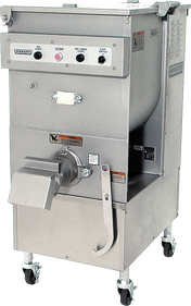 A large, industrial Hobart stainless steel Mixer Grinder on wheels features a 140 lbs. hopper capacity, front-mounted control panel with buttons, and a chute for dispensing ground meat, along with several safety and instruction stickers.