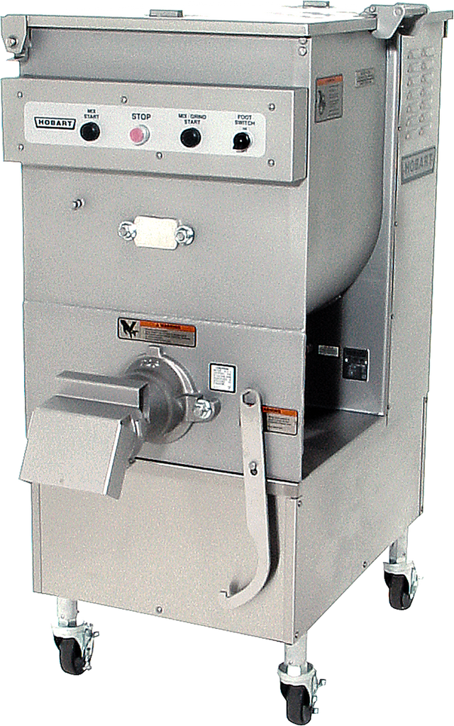 A large, industrial Hobart stainless steel Mixer Grinder on wheels features a 140 lbs. hopper capacity, front-mounted control panel with buttons, and a chute for dispensing ground meat, along with several safety and instruction stickers.